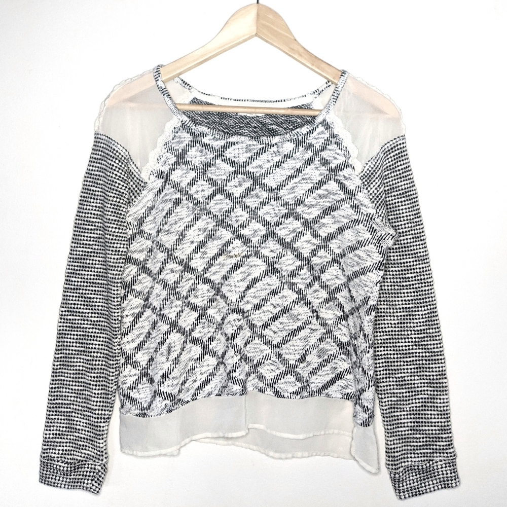 Maison Jules Sheer Panel Lace Trim Sweater Blouse